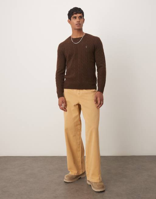 Polo Ralph Lauren icon logo rich wool cable knit jumper in brown marl, 4 of 5