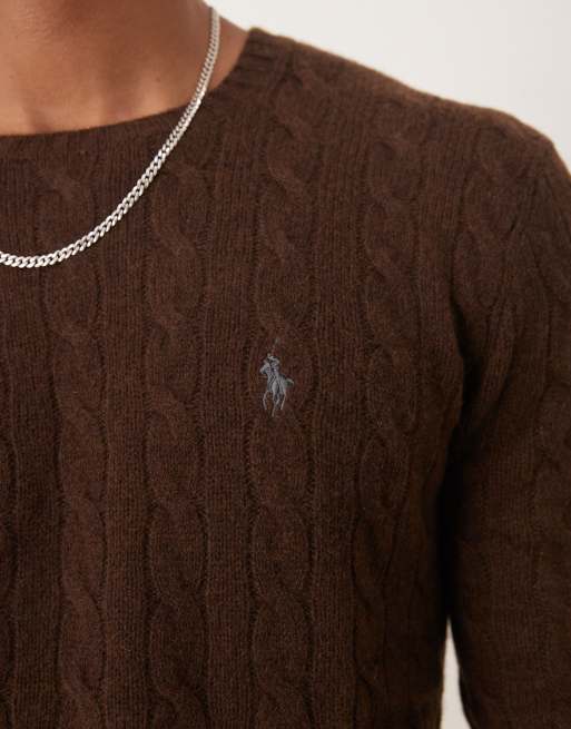 Polo Ralph Lauren icon logo rich wool cable knit jumper in brown marl, 5 of 5