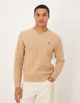 Polo Ralph Lauren Men's Neutral Icon Logo Rich Wool Cable Knit Jumper In Camel Marl