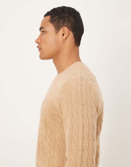 Polo Ralph Lauren icon logo rich wool cable knit jumper in camel marl, 4 of 5