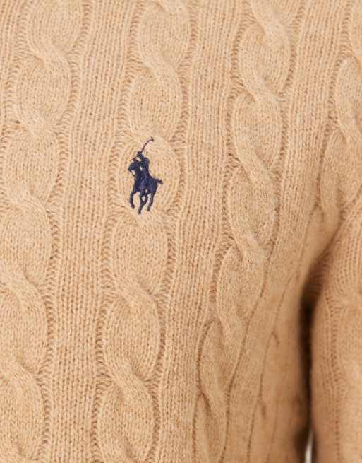 Polo Ralph Lauren icon logo rich wool cable knit jumper in camel marl, 5 of 5