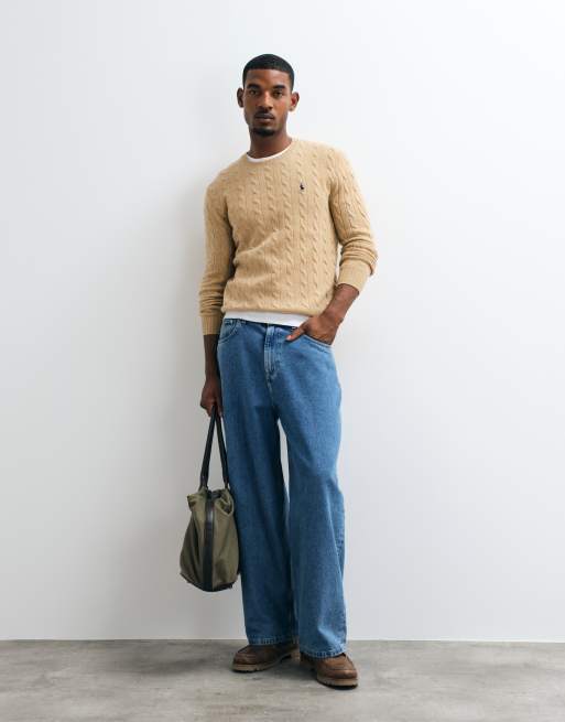 Polo Ralph Lauren icon logo rich wool cable knit jumper in camel marl, 3 of 5