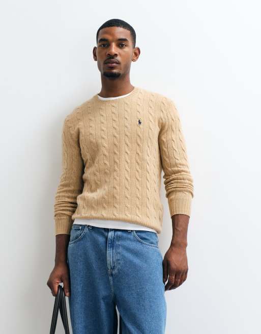 Polo Ralph Lauren icon logo rich wool cable knit jumper in camel marl, 4 of 5