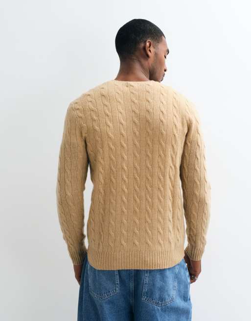Polo Ralph Lauren icon logo rich wool cable knit jumper in camel marl, 5 of 5