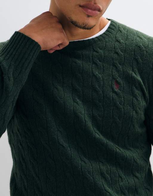 Polo Ralph Lauren icon logo rich wool cable knit jumper in dark green, 5 of 5