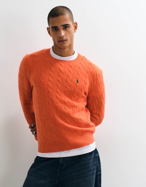 Polo Ralph Lauren icon logo rich wool cable knit jumper in orange , 2 of 5