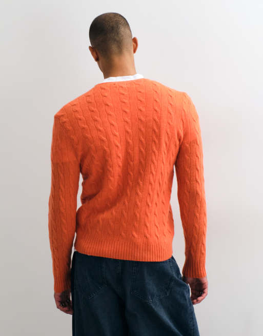 Polo Ralph Lauren icon logo rich wool cable knit jumper in orange , 5 of 5