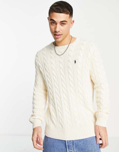 Polo Ralph Lauren icon logo roving cotton cable knit jumper in cream - view 1