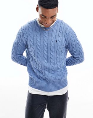 Polo Ralph Lauren icon logo roving cotton cable knit jumper in light blue marl