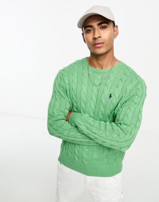 Polo Ralph Lauren icon logo roving cotton cable knit jumper in light green marl