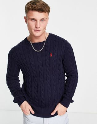 Polo Ralph Lauren icon logo roving cotton cable knit jumper in navy - ASOS Price Checker