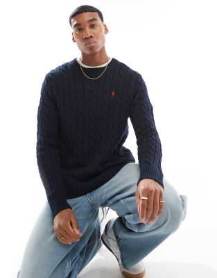 Polo Ralph Lauren icon logo roving cotton cable knit jumper in navy - ASOS Price Checker