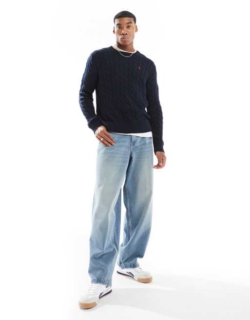 Polo Ralph Lauren icon logo roving cotton cable knit jumper in navy