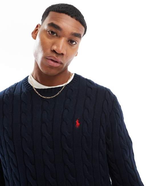 Polo Ralph Lauren icon logo roving cotton cable knit jumper in navy