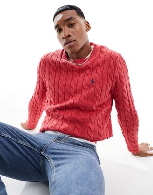 Polo Ralph Lauren icon logo roving cotton cable knit jumper in red marl