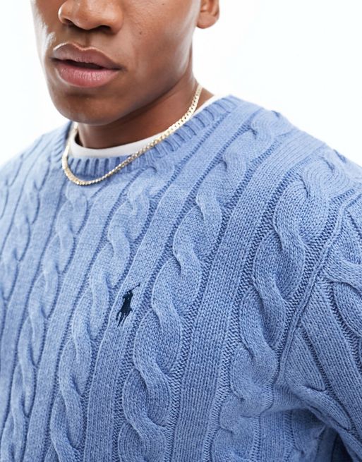 Polo Ralph Lauren icon logo roving cotton cable knit sweater in light blue  heather