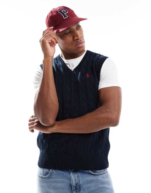 Polo Ralph Lauren icon logo roving cotton cable knit vest in navy ASOS