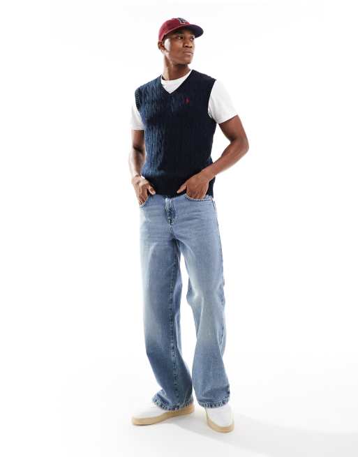 Polo Ralph Lauren icon logo roving cotton cable knit vest in navy ASOS