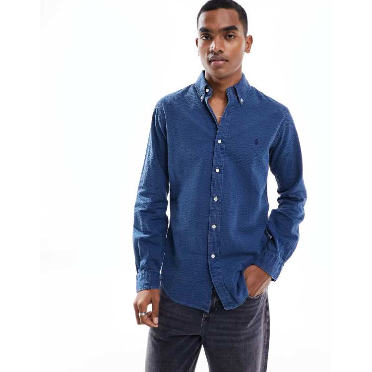 Polo Ralph Lauren icon logo seersucker shirt in indigo blue