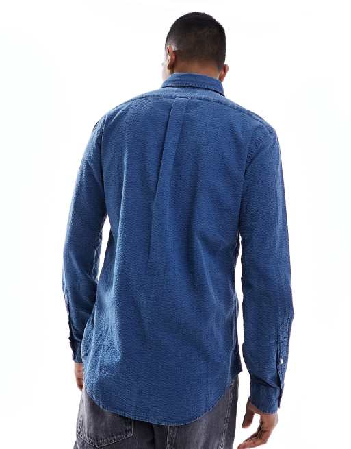 Polo Ralph Lauren icon logo seersucker shirt in indigo blue