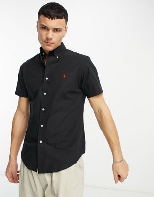 Shop Polo Ralph Lauren Icon Logo Short Sleeve Cotton Stretch Poplin Shirt Custom Fit In Black