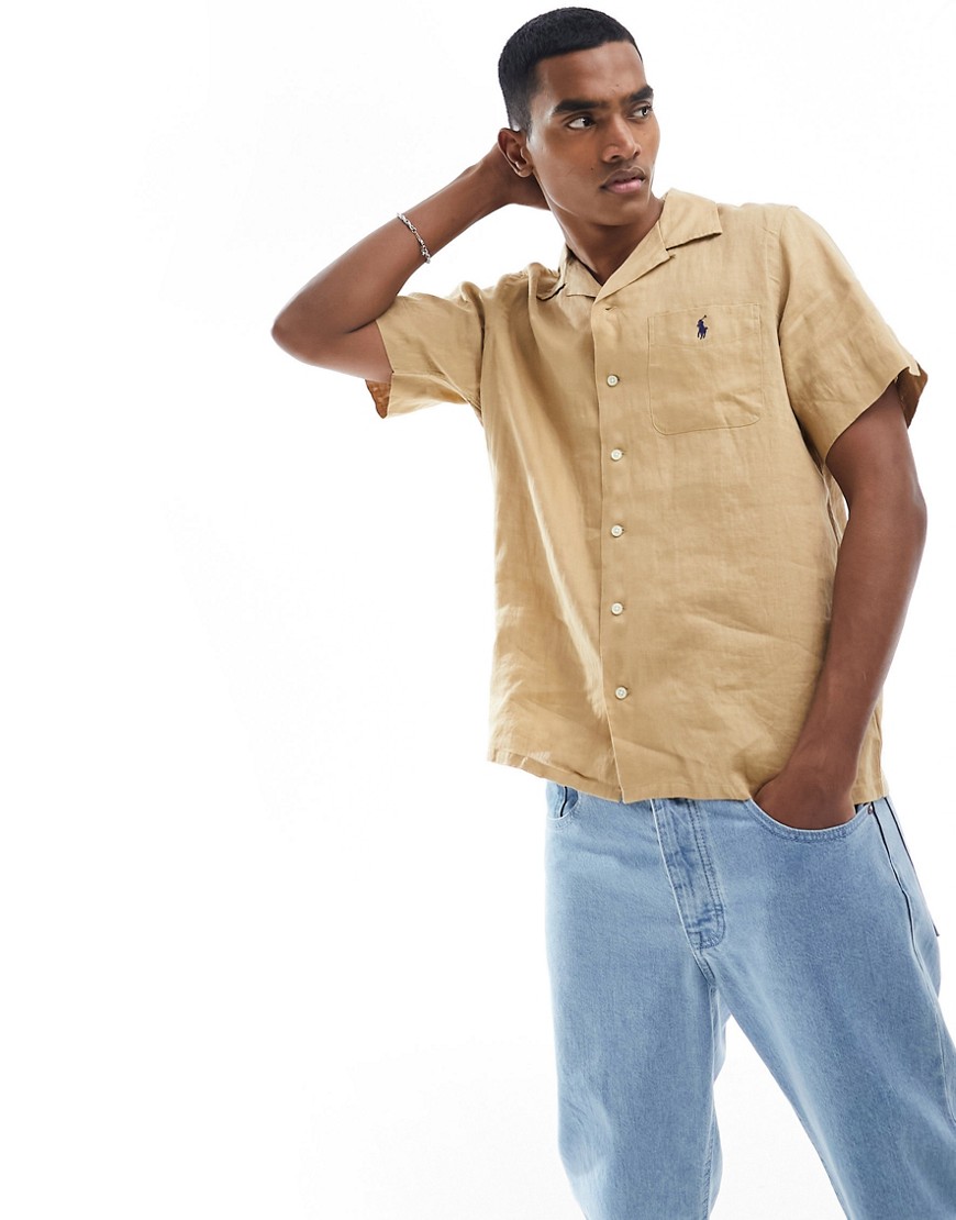 Polo Ralph Lauren icon logo short sleeve linen shirt classic oversized fit in khaki tan CO-ORD-Brown