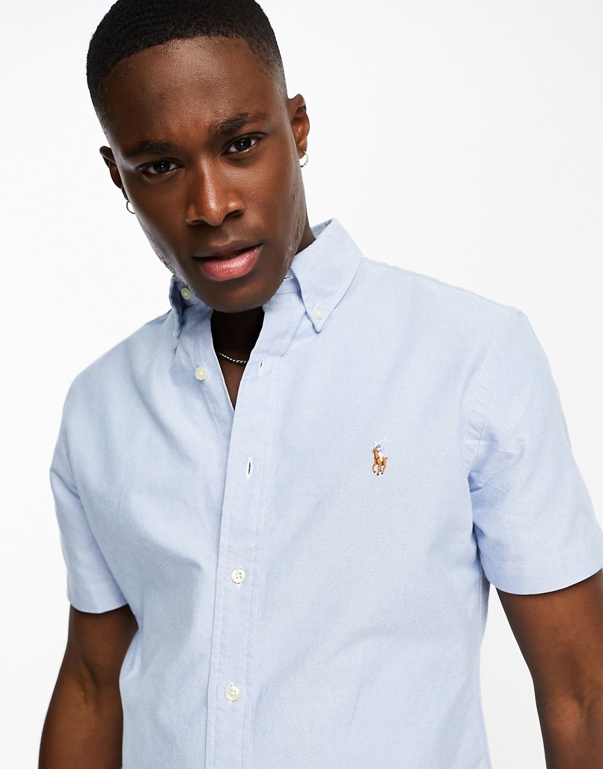 Polo Ralph Lauren icon logo short sleeve oxford shirt custom fit in light blue