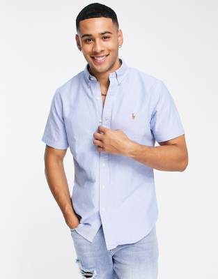 Polo Ralph Lauren icon logo short sleeve oxford shirt slim fit in blue - ASOS Price Checker