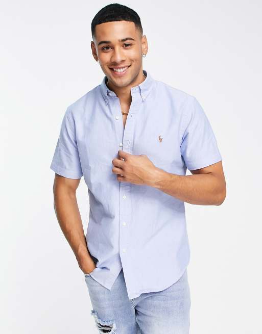 Polo Ralph Lauren icon logo short sleeve oxford shirt slim fit in blue |  ASOS