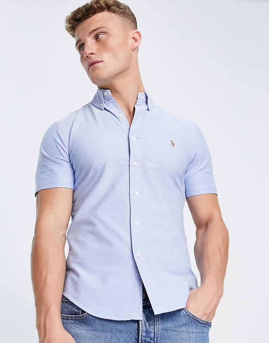 Polo Ralph Lauren Classic Oxford Player Logo Short Sleeve Shirt Button Down Custom Regular Fit In Blue-blues