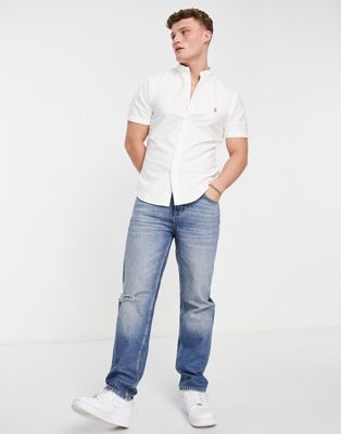Polo Ralph Lauren icon logo short sleeve oxford shirt slim fit in white