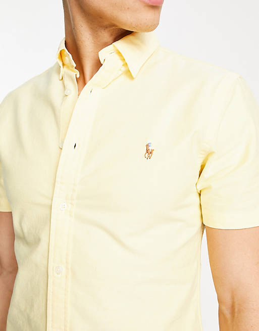 Polo Ralph Lauren icon logo short sleeve oxford shirt slim fit in yellow | ASOS