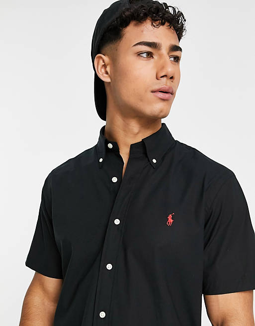 Polo Ralph Lauren icon logo short sleeve poplin shirt custom regular fit in black | ASOS