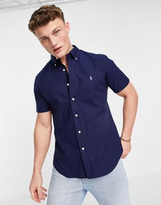 Polo Ralph Lauren icon logo short sleeve poplin shirt custom regular fit in navy - ASOS Price Checker