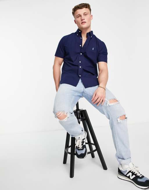 Polo Ralph Lauren icon logo short sleeve poplin shirt custom regular fit in navy, 3 of 4