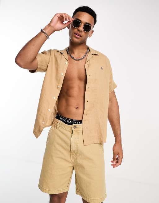 Polo Ralph Lauren icon logo short sleeve revere collar linen shirt classic fit in khaki tan
