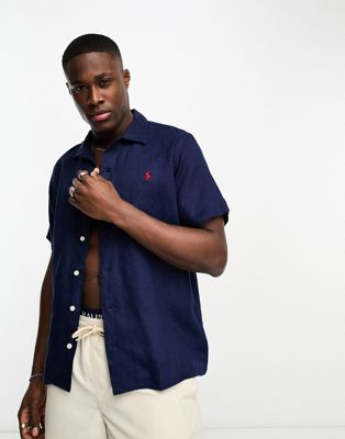 Polo Ralph Lauren icon logo short sleeve revere collar linen shirt classic fit in navy