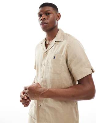 Polo Ralph Lauren Polo Ralph Lauren icon logo short sleeve revere collar linen shirt classic oversized fit in beige CO-ORD-Neutral