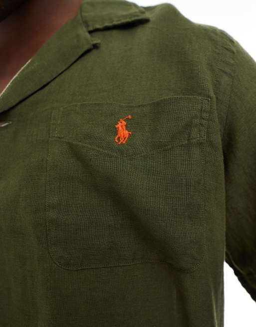 Polo Ralph Lauren icon logo short sleeve revere collar linen shirt classic oversized fit in olive green, 3 of 5