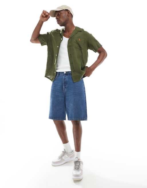 Polo Ralph Lauren icon logo short sleeve revere collar linen shirt classic oversized fit in olive green, 4 of 5