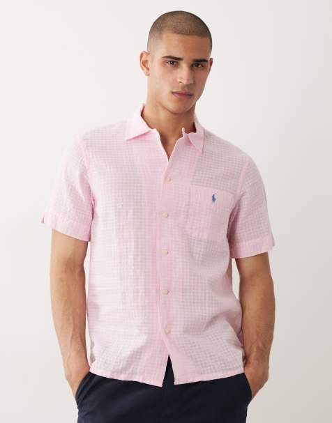 Polo Ralph Lauren icon logo short sleeve seersucker linen shirt in pink - view 1