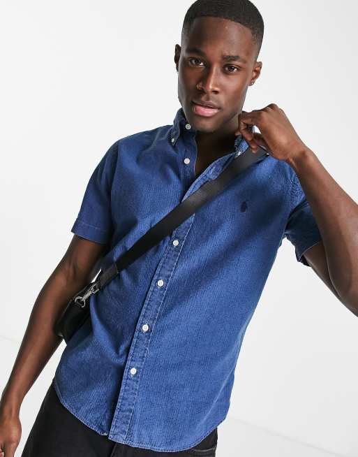 Polo Ralph Lauren icon logo short sleeve seersucker shirt custom regular fit  in indigo blue | ASOS