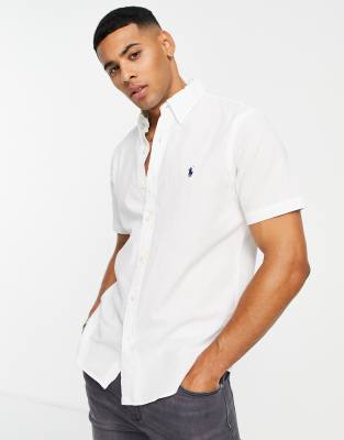 Polo Ralph Lauren icon logo short sleeve seersucker shirt custom regular fit in white