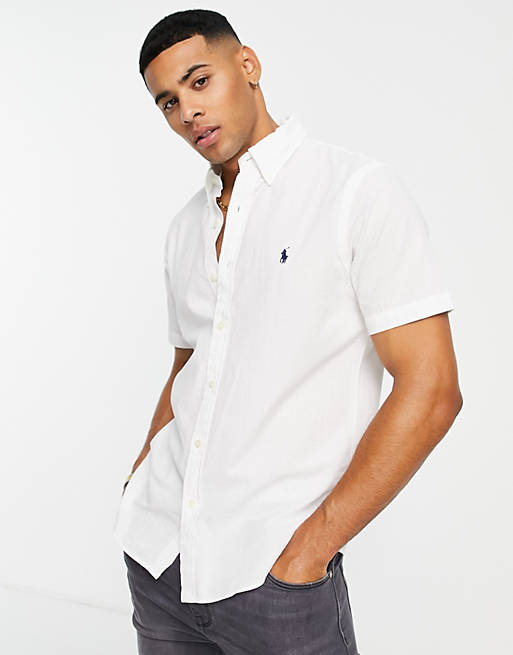 Polo Ralph Lauren icon logo short sleeve seersucker shirt custom regular fit in white | ASOS