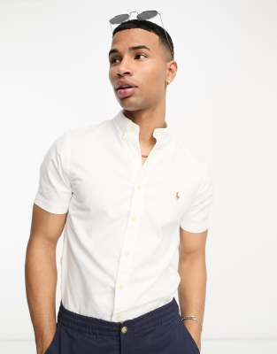 Polo Ralph Lauren Icon Logo Short Sleeve Slim Fit Oxford Shirt In White