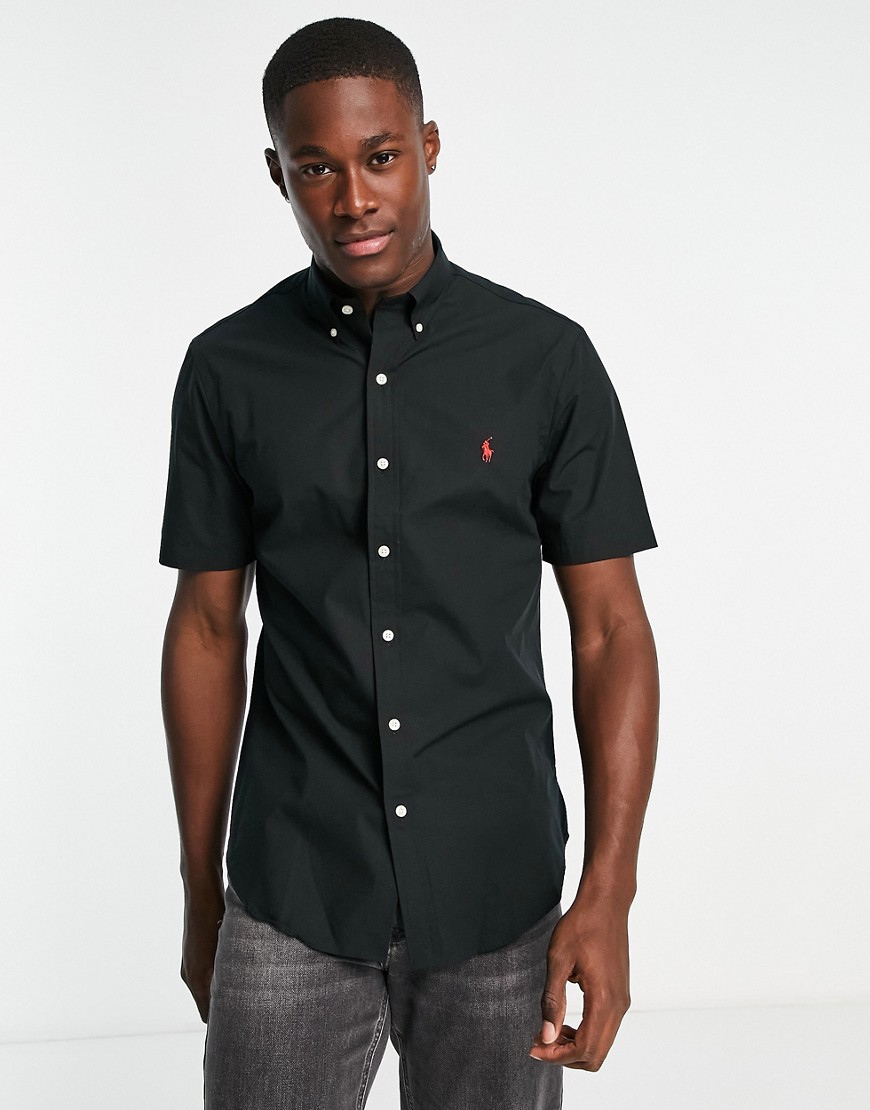 Polo Ralph Lauren icon logo short sleeve slim fit poplin shirt in black