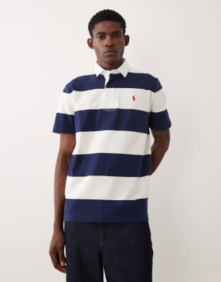 Polo Ralph Lauren Men's White Icon Logo Short Sleeve Stripe Rugby Shirt In Navy And