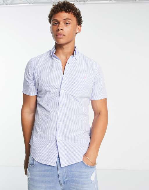 Polo Ralph Lauren icon logo short sleeve stripe seersucker shirt custom regular fit in light blue/white