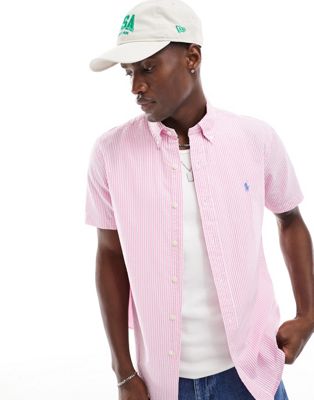 Shop Polo Ralph Lauren Icon Logo Short Sleeve Stripe Seersucker Shirt In Pink/white