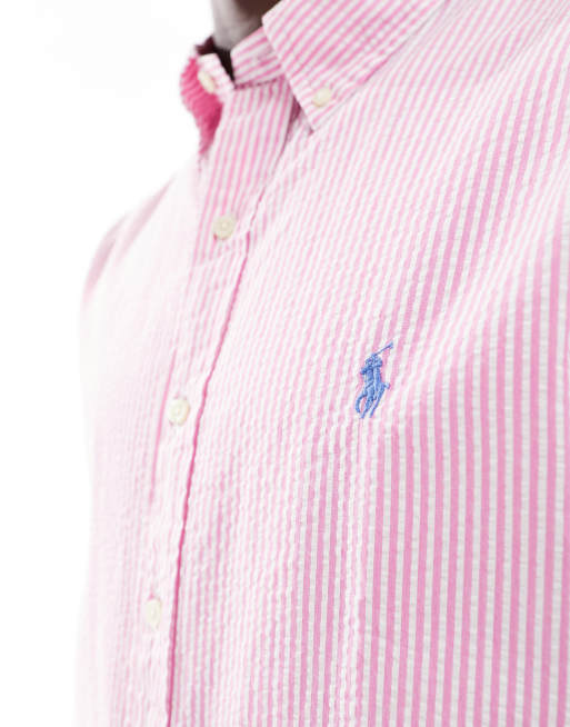 Polo Ralph Lauren icon logo short sleeve stripe seersucker shirt in pink/ white